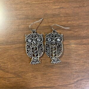 Owl Earrings Silver Sparkly Dangly